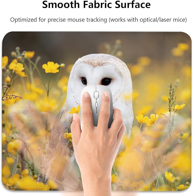 White Barn Owl Spring Yellow Wildflowers Mouse Pad, Cute Durable Desk Mat | Meadow Soft Floral Wildlife, Mousepad Stitched, Anti-Slip Base Smooth Surface, 9.5 x 7.9 Inches