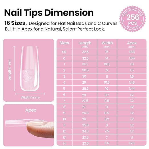 Beetles Tipex Lite Pre-Built Apex Gel Nail Tips, Square Long, 256pcs Value Pack, 16 Sizes, Flat-Nail Friendly Acrylic Tips for Natural Nail Beds, Easy for Beginner DIY