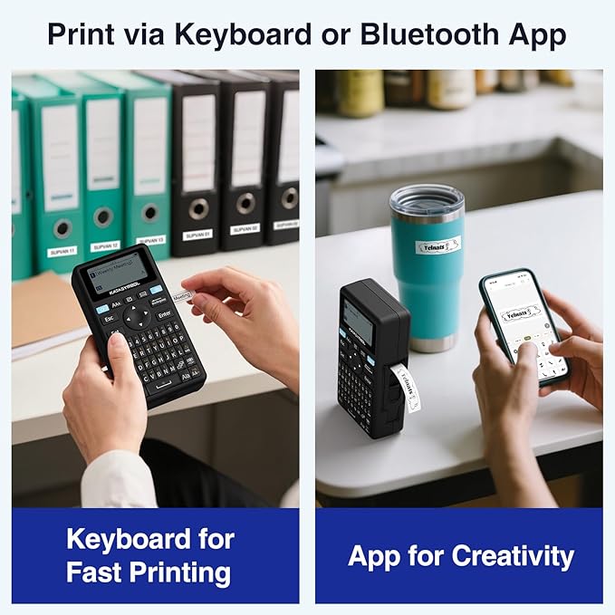 SUPVAN E11 Keyboard & Bluetooth Label Maker Machine, Black | Rechargeable, Versatile App with 30+ Fonts and 660+ Icons, Minimal Margin, Inkless, for School, Home, Kitchen, Office