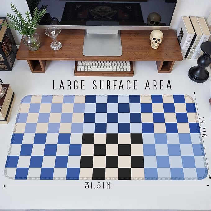 Checkered Desk Mat Blue Large Mouse Pad with Stitched Edges, XXL Keyboard Pad Mouse Mat for Computer Deor Desk Matt for Desktop 31.5 X 15.7In