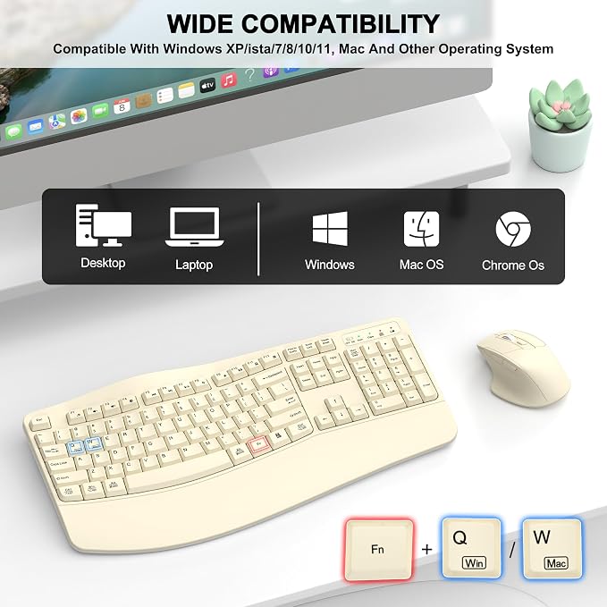 Wireless Keyboard and Mouse Combo, 2.4G Ergonomic Wave Keys (Latte) | Full Size Wave Keyboard with Wrist Rest, 3-Level DPI Adjustable Ergonomic Mouse for Windows and Mac OS Desktop/Laptop/PC
