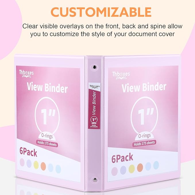 3 Ring Binder - 6 Pack, 1 Inch Binder with 2 Interior Pockets & Clear View Overlay, Large Capacity, Round Ring Binders for Office Supplies, School & Home (6 Colors)
