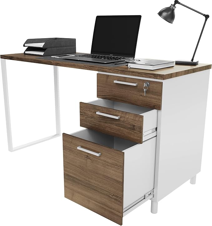 Modern Design Milano Office Desk with 3 Locking Drawers, 48 Inch White and Walnut Industrial Wood Desk with Filing Drawer and Storage, by Crafts and Comfort