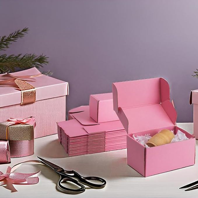 8x4x4 inch Pink Shipping Boxes for Small Business- Set of 25 | Sturdy ECT 32 Corrugated Cardboard Mailer Boxes, Easy Assemble for Packaging, Mailing, Gift