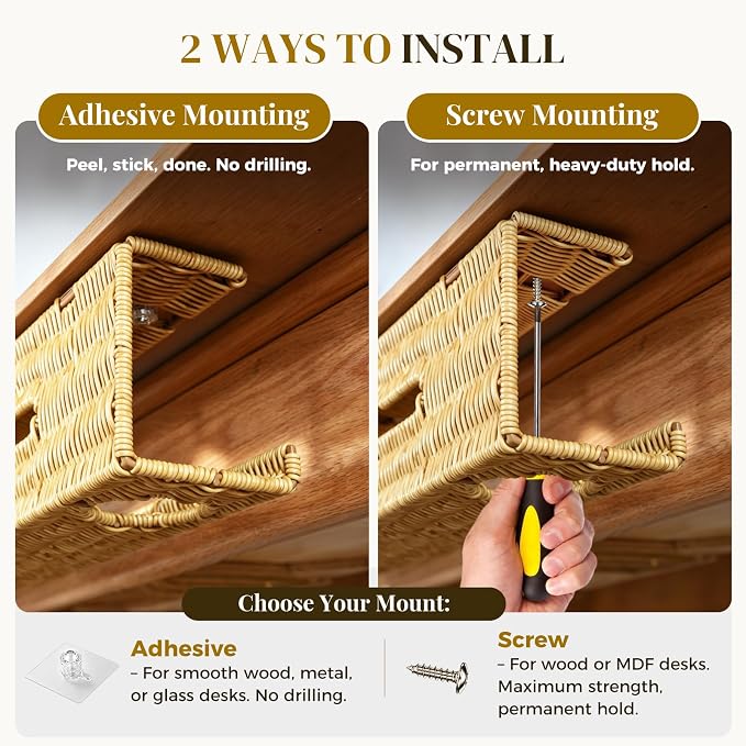 Handmade Rattan Under Desk Cable Management Tray 2 Pack, Natural | Easy Install with Adhesive or Screws, 33"Cord Organizer with 5M Cable Ties for Office Home, Effortless Wire Management
