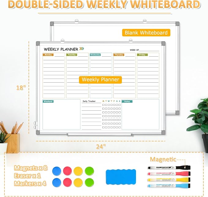 Weekly Dry Erase Calendar Whiteboard with Corkboard, 24" x 18", Silver | Magnetic, White Board Cork Board Combo, Double Sided, Wall Mounted, Aluminum Frame, for Home, Office, Kitchen, Dorm