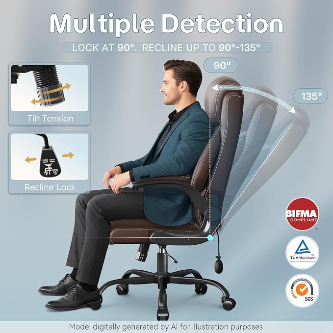 Ergonomic Office Chair, Big and Tall Office Chair, Executive Chair- Padded Leather Comfy Chair with Adjustable Lumbar Support & Flip-Up Arms, Rocking Swivel Chair for Home Office,Brown