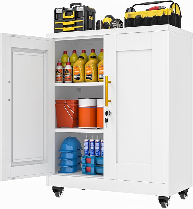 36" Metal File Garage Storage Cabinet with Lock and Wheels,Rolling Steel Locker Organizer,Office File Cabinet with 2 Doors and 2 Adjustable Shelves,Tool Cabinets for Home Office,Gym,School (White)