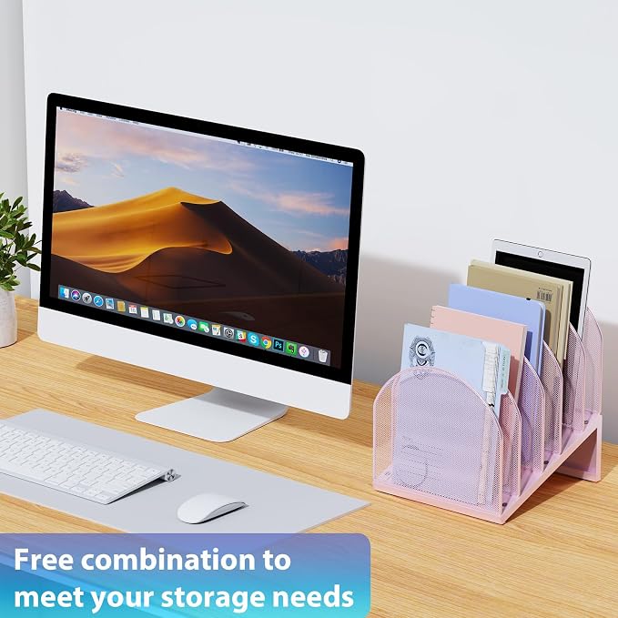 gianotter Desktop File Organizer with 5 Compartments | Desk Organizer Paper Organizer for Desk Workspace Organizers for Office Supplies (Pink, Inclined Style)