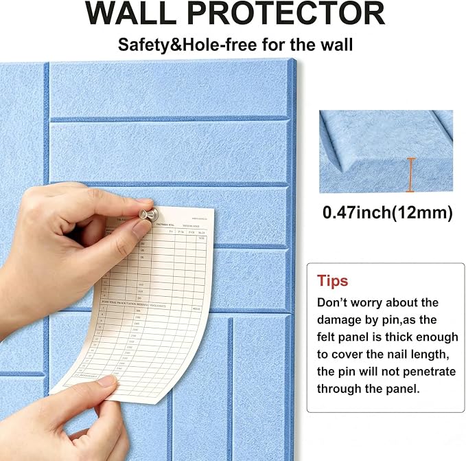 0.47" Thick Felt Wall Tiles 36"x24" Cork Board Alternative 6 Pack 11.81"x11.81"Felt Bulletin Board Pin Board with Removable Adhesive Tape&30 Pushpins for Home Office School(Bold-Light Blue)