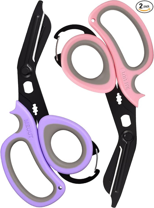 MEUUT All Purpose Scissors 2 PCS with Carabiner for Kitchen Outdoor | 7.5-inch heavy duty all purpose, Ambidextrous, micro-serrated stainless steel blades, integrated O2 wrench, soft rubber grip