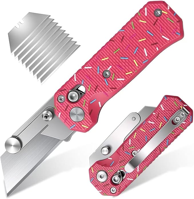 Folding Utility Knife, Pocket Knife, Box cutter Knife with Pocket & Rail Lock, Durable Razor Knife for Home Office Warehouse Everyday Carry, Gift for Men Women（Pink Donuts）