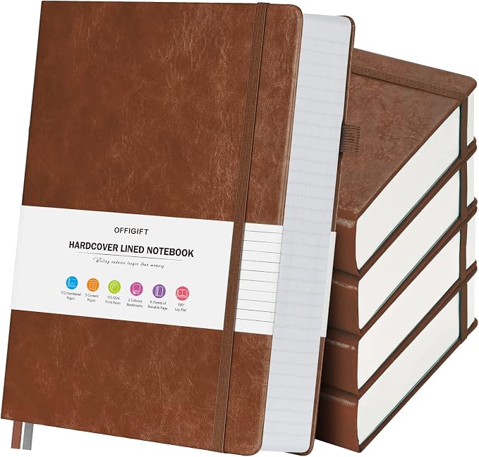 5 Pack College Ruled Notebook Bulk, A5, 312 Numbered Page Thick Journal Set | Cost-Effective 5 Pack 1600 Pages Total, 100gsm No Bleed Paper, Leather Hardcover, Lay-Flat, for Writing, Work, Employee Gifts