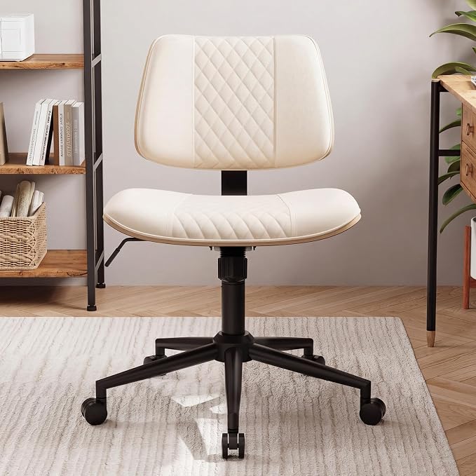Modern Armless Office Chair with Wheels, Wide Seat Walnut, Beige | Adjustable Swivel Desk Chair with Mid Back & Tilt Function, Faux PU Leather Mid Century Modern Task Office Chair, 300LBS Cap