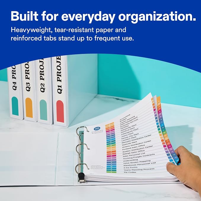 Avery A-Z Dividers for 3 Ring Binders, 26 Tabs per Set, Customizable Table of Contents, Multicolor Tabs, Great for Organizing Reports, Projects, and More (11125)
