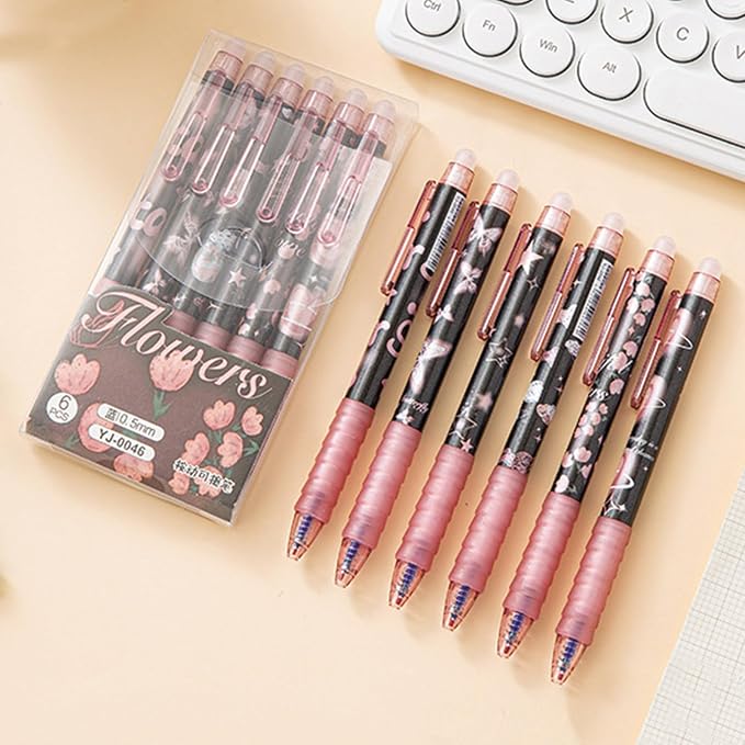 MOZXIRZ 6 Pcs Erasable Gel Ink Pens Retractable Pens 0.5mm Blue Ink Pen Office School Pens Cute Aesthetic Pen Women Girls (Blue Ink-Flowers)