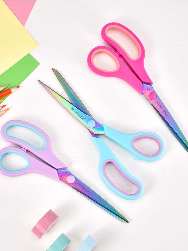 8.5" Multipurpose Office Scissors Heavy Duty, Titanium Coating Sharp Blades, Ergonomic Semi-Soft Rubber Grip, Scissors All Purpose for Sewing, School, Fabric, Art Craft Supplies, 3-Pack
