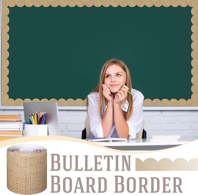 Zonon 65.6 Feet Burlap Bulletin Board Border Farmhouse Classroom Decor | 1 Roll Tan Light Brown Border Scalloped Trim, Suitable for Back To School Chalkboard, Poster, Wall, Office Decor