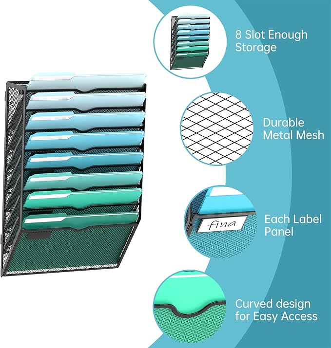 8-Tier Wall File Organizer, Wall Mounted Mail Sorter, 2 Pack | Metal Mesh Hanging File Organizer with Open Compartments and Label Panels for Papers and Folders at Home, Office or School