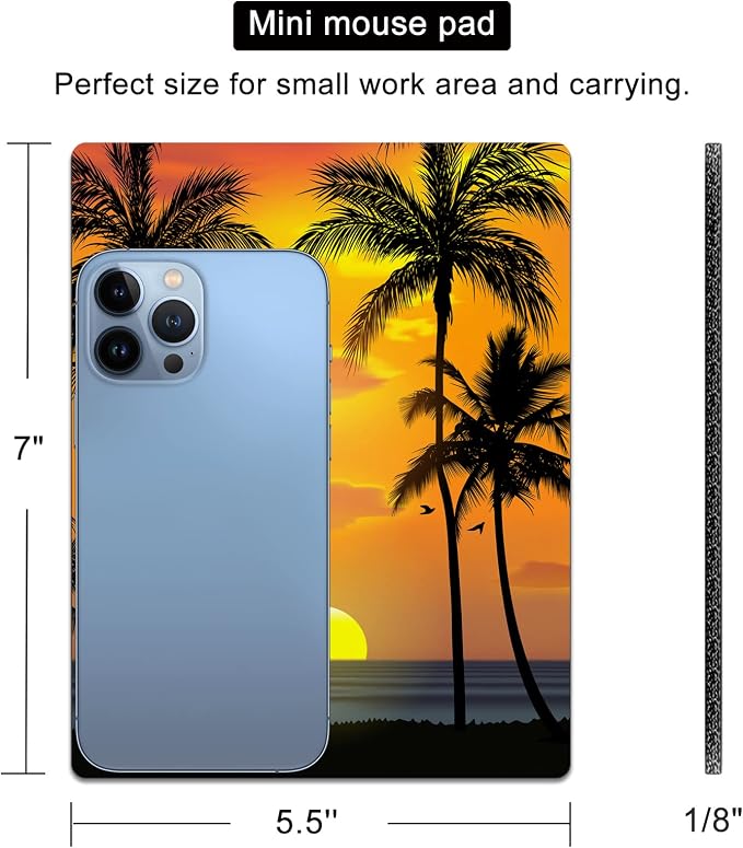 Small Mouse Pad, Mini Mouse Pads for Wireless Mouse and Laptop, Travel Mousepads with Designs - Tropical Sunset Beach, Portable Mousepad with Non-Slip Rubber Base - 5.5 x 7 in