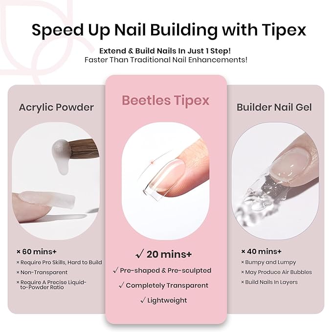 Beetles Tipex Instant Apex Nail Tips, XS Short Square, 16 Sizes |00–14, 192pcs, Built-In Apex, No Builder Gel Required, Thicker Strong Acrylic Tips for DIY Nail Extensions