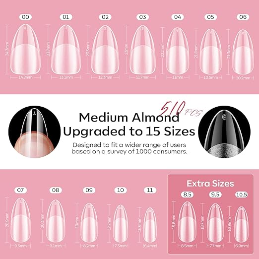 modelones X Nail Gel Kit Almond,510Pcs Nail Tips Solid Glue Prep Dehydrator & Mini U V LED Light Clipper, Upgrade 15Sizes Medium Almond Press on Tips Etch for Easy Extension DIY Women Gift