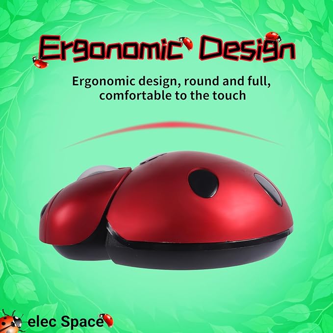 elec Space Mini Small Wireless Mouse for Kids, Cute Animal Ladybug Shape 3000DPI Portable Mobile Optical Mouse with USB Receiver Cordless Mouse for PC Mac Laptop Computer Notebook (Red)
