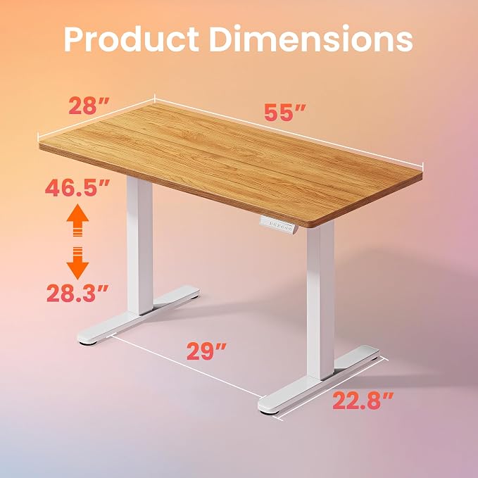 HUANUO 55x28 Inch Electric Standing Desk, Adjustable, Light Vintage Brown | 176 Lbs Capacity, Smooth Home Office Desk, 4 Memory Presets & Headphone Hooks, 28.3–46.5 Inch Height Range, Easy to assemble