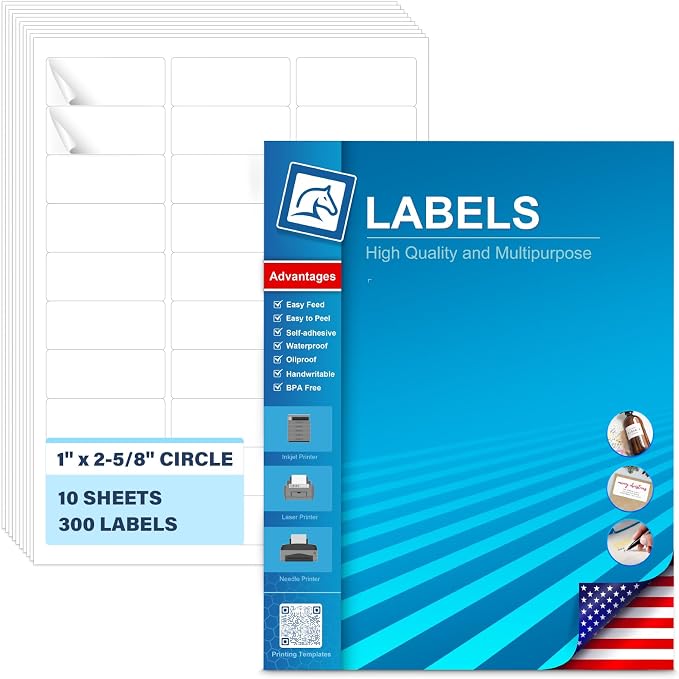1" x 2-5/8" Address Labels 300 Labels Sticker Paper for Laser & Inkjet Printers, Address, Shipping, Barcode, Mailing & Product Stickers, White Adhesive Labels (10 Sheets) with Free Template