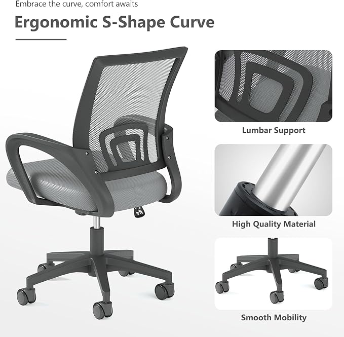 Home Office Chair, Ergonomic Mid-Back Mesh Desk Chair with Lumbar Support, Adjustable Swivel Rolling Design, Comfy Armrest for Work, Study, Gaming, Vanity (Light Gray, Single Chair)