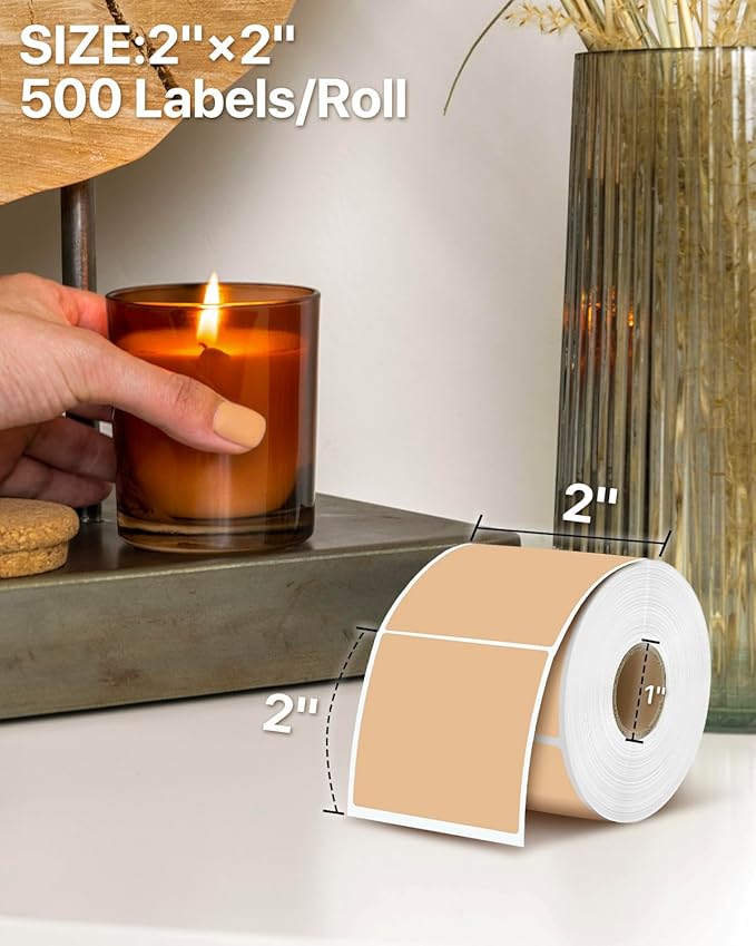 iEager Brown Square Thermal Label Stickers, 2"x2" Self-Adhesive Square Direct Thermal Labels with Perforation Line, 500 Sheets/Roll