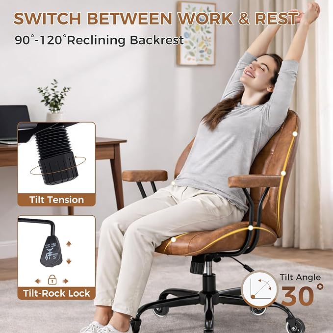 Brown Leather Office Chair with Quiet Rubber Wheels | Lumbar Support & Removable Arms, High-Density Foam Seat for All-Day Comfort, 360 Degree Swivel Home Desk Chair UXBBY002Z