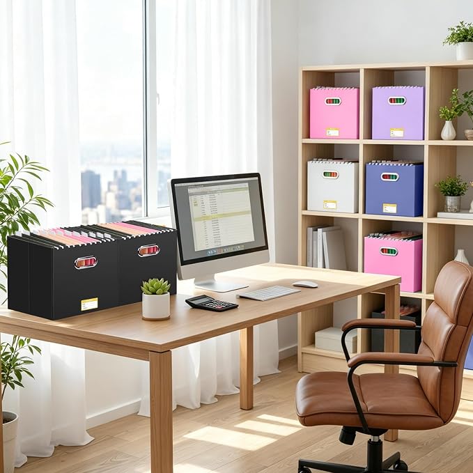 BALEINE File Organizer Box, Cardboard File Folder Organizer with Handle for Letter Size, Portable Collapsible Hanging Filing Box for Home Office Document Storage (2 Pack, Large Black)