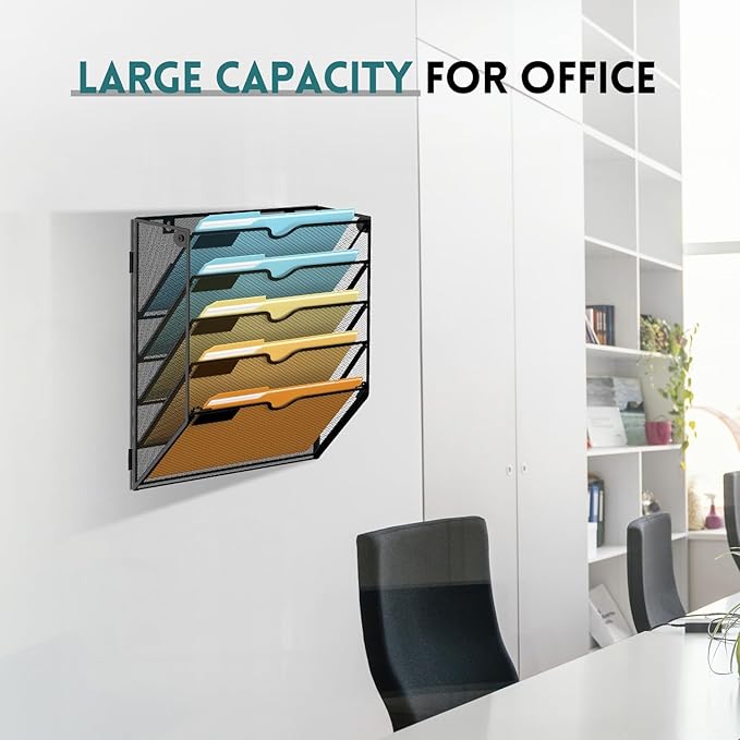 SUPEASY Wall File Organizer Mesh Office Mail Holder, Hanging Wall Organizer Magazine Rack for Office Black, 5 Tier, 2Pack