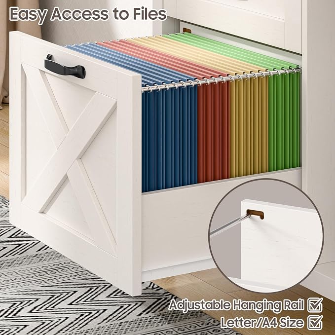 Befrases Farmhouse File Cabinet with Doors, Lateral Filing Cabinet with 2 Drawers for Letter/A4 Size Hanging Files, Large Wooden Printer Stand with Open Shelf for Home Office, Rustic White