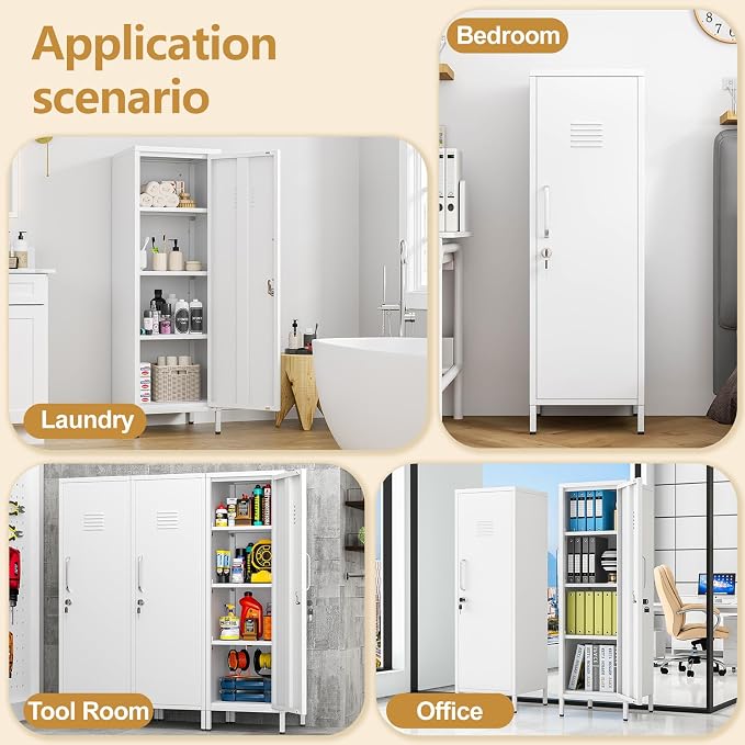 Metal Storage Locker,47" H Home Office Storage Lockers for Employees with 1 Locking Door ＆ 3 Adjustable Shelves,File Storage Cabinets forGarage, School, Office, Gym (White)