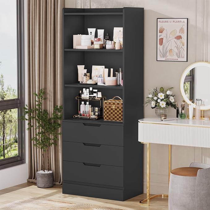 DICTAC Bookcase with 3 Drawers and Shelves 73.23'' Tall Bookshelf with Storage Modern Wood Closet Drawers System,Closet Organizer Unit Freestanding Tall Storage Cabinet for Home Office,Bathroom,Black
