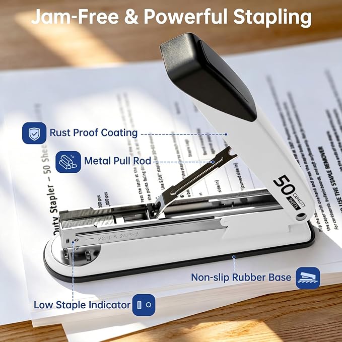 Metal Stapler Heavy Duty - 50 Sheet Capacity with 2000 Pieces 1/4", 5/16" Staples and Staple Remover, No Jam, Non-Slip, Stapler Heavy Duty for Desk, Classroom and Office, White