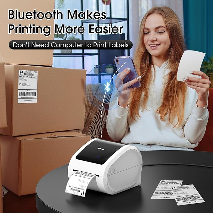 Bluetooth Shipping Label Printer with 1 Roll Labels - D520BT Thermal Label Printer, Thermal Printers with Built-in Label Holder, Come with 500PCS 4x6‬ White Labels (500 Labels/Roll)