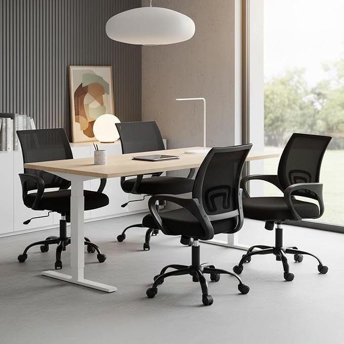 DUMOS Home Office Chair - Ergonomic Mid Back Mesh Desk Chair with Lumbar Support & Rocking Mode, Height Adjustable with Fixed Armrest, for Computer, Gaming, Meeting, 360° Swivel, Black, 2 Pack