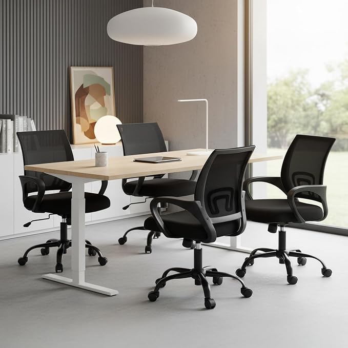 DUMOS Ergonomic Office Chair, Executive Desk Chair with Lumbar Support | Mid Back, Breathable Backrest, Fixed Armrest, Height Adjustable, 360° Swivel, Computer Gaming, Meeting, Black