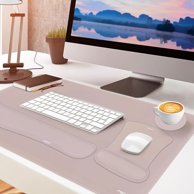 MOSISO Keyboard Mouse Pad Set, Large Gaming Mousepad&Keyboard Wrist Rest | Mouse Wrist Rest&Coaster, Ergonomic Non-Slip Mousepad&Easy Typing Cushion with Memory Foam for Home Office, Taupe Brown