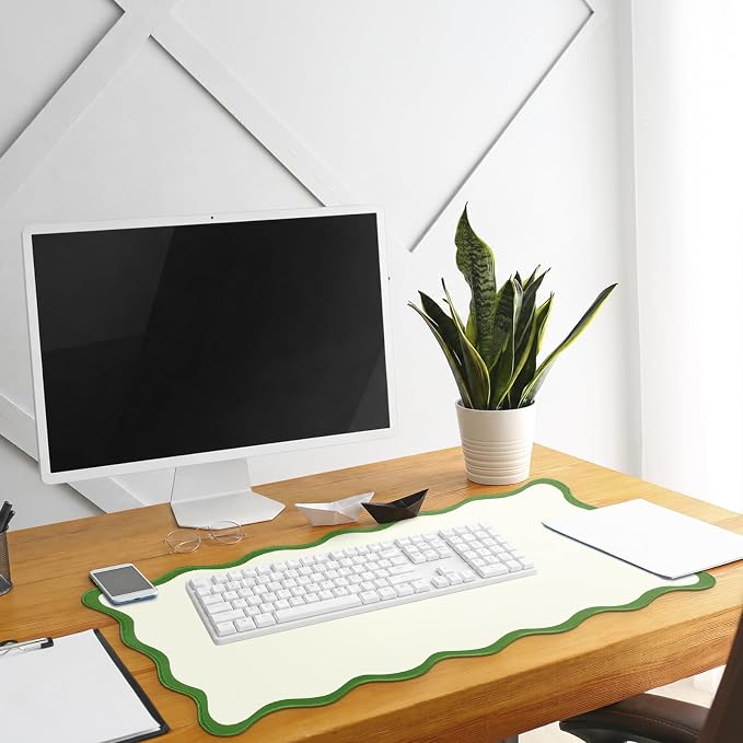 Hahafelt Scalloped Desk Mat Waterproof,Green,23.6 X 13.8 Inches | Coquette Preppy Style for School Office Makeup Vanity, Nonslip Gaming Desktop Protector with Scalloped Stitched Edge Mat