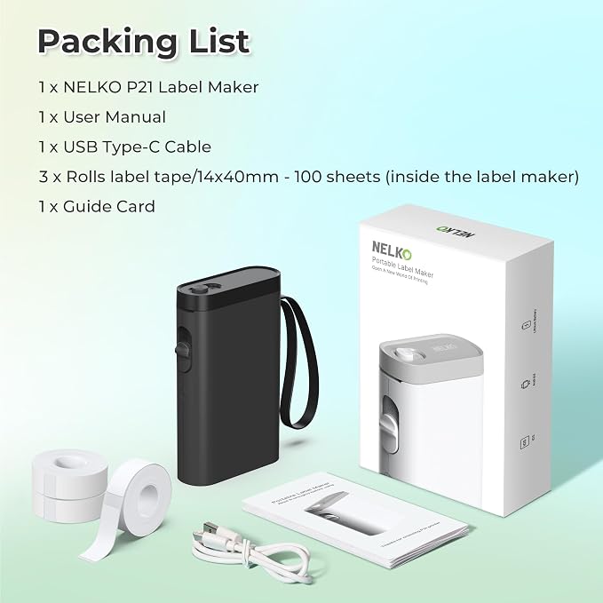 Nelko Label Maker Machine with Tape, P21 Label Printer with 3 Tapes, Black | Creative App & Multiple Templates, Inkless Printing, Built-in Cutter, Ideal for School, Teacher Supplies, Office, and Home
