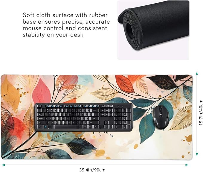 35.4 x 15.7 in, XXL Large Mouse Pad for Desk, Extended Keyboard Mouse Mat for Computer Office, Big Mouse pad with Stitched Edges, Gaming Pc-Boho Leaves