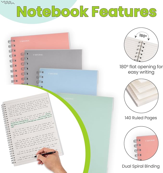TWONE 4 Pack Spiral Notebook, 7"x10", 140 Ruled Pages, Waterproof Frosted PP Cover, Ideal for School, Office, and Personal Use