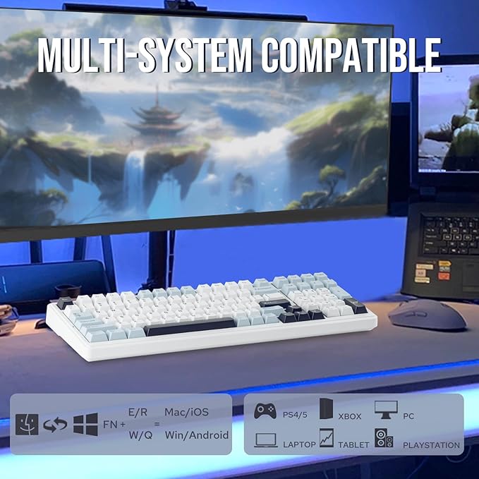 EPOMAKER x Aula F99 Wireless Mechanical Keyboard, Hot Swappable Gasket Custom Gaming Keyboard with Five-Layer Padding, BT/2.4GHz/USB-C, 8000mAh Battery (White Blue, Graywood V3 Switch)