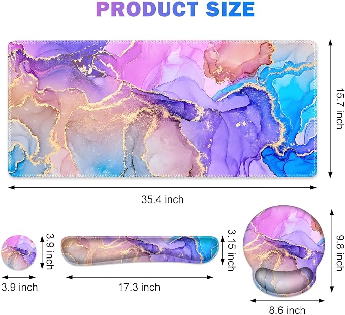 Gaming Mouse Pad, 4in1 XXL Mousepad Large Desk Mat, Cute Desk Pad Protector | Keyboard Wrist Rest+Mouse Wrist Rest+Coaster Set with Ergonomic Desk Pad for Home Office PC Computer, Colorful Marble