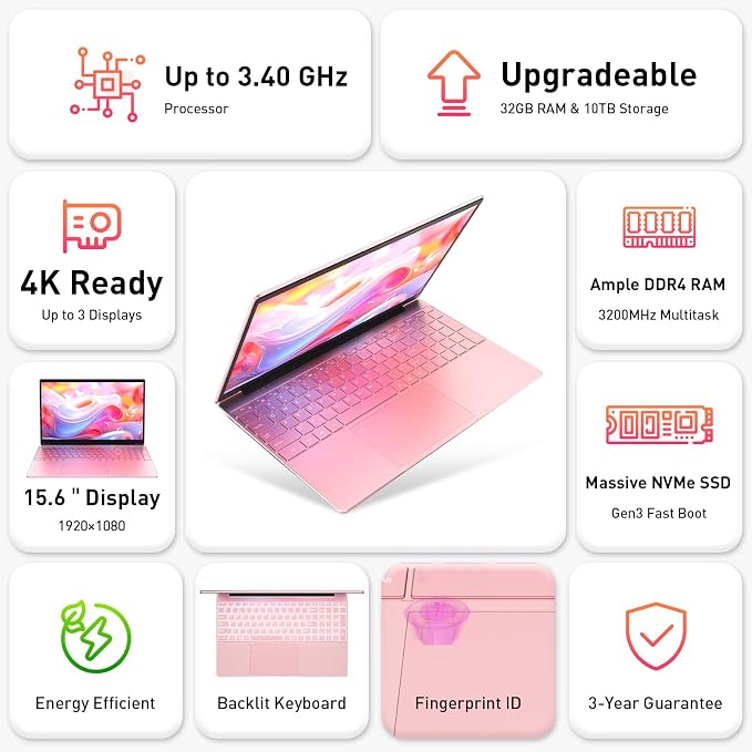 Auusda Business Laptop Computer for Work, Notebook PC for College Students, 15.6" FHD Display, Up to 3.4GHz CPU, Backlit Keyboard, Fingerprint ID, Up to 10TB Storage, 16GB DDR4 RAM, 1TB NVMe, Pink
