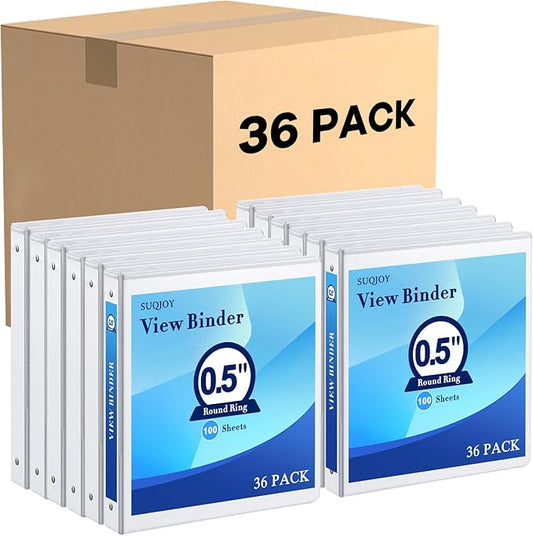 Durable 3 Ring Binders 0.5 Inch 36 Pack Bulk, Clear View Binders Bulk Three Ring Binders PVC Free, Fit for 8.5x11 inches for School or Office Supplie(White
